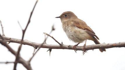 A delicate nightingale perched on a branch, isolated on a white background.
