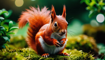 Fototapeta premium Mossy Landscape with a Playful Red Squirrel