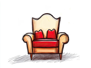 Colorful Santa's chair doodled in red doodle style with decorative pillows illustrating festive holiday spirit