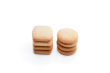 Various shaped Danish butter cookies isolated on white background