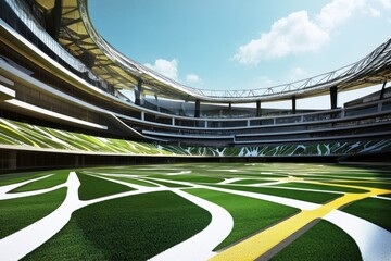 A modern sports stadium interior featuring a green field and innovative architectural design.