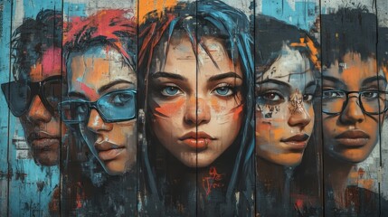 Graffiti street art group portrait of trendy gen z individuals on a wall. Tone is Cyberpunk graffiti grunge. You can only see them from the chin up and their eyes are all looking straight up