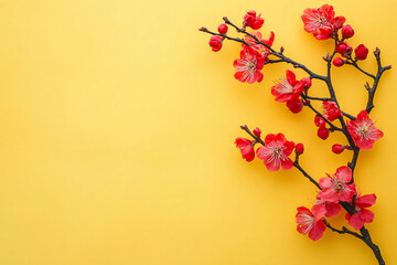 Red plum blossoms on a yellow background, a Chinese New Year theme, flat lay photography, high resolution, with copy space