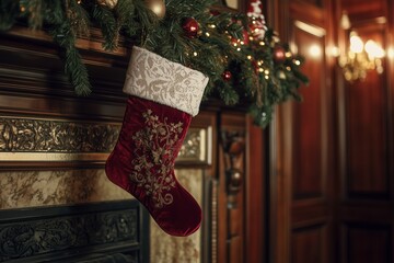burgundy velvet Christmas stocking hangs on the wall of an elegant decorated vintage Christmas entryway, adorned with evergreen garlands and twinkling lights