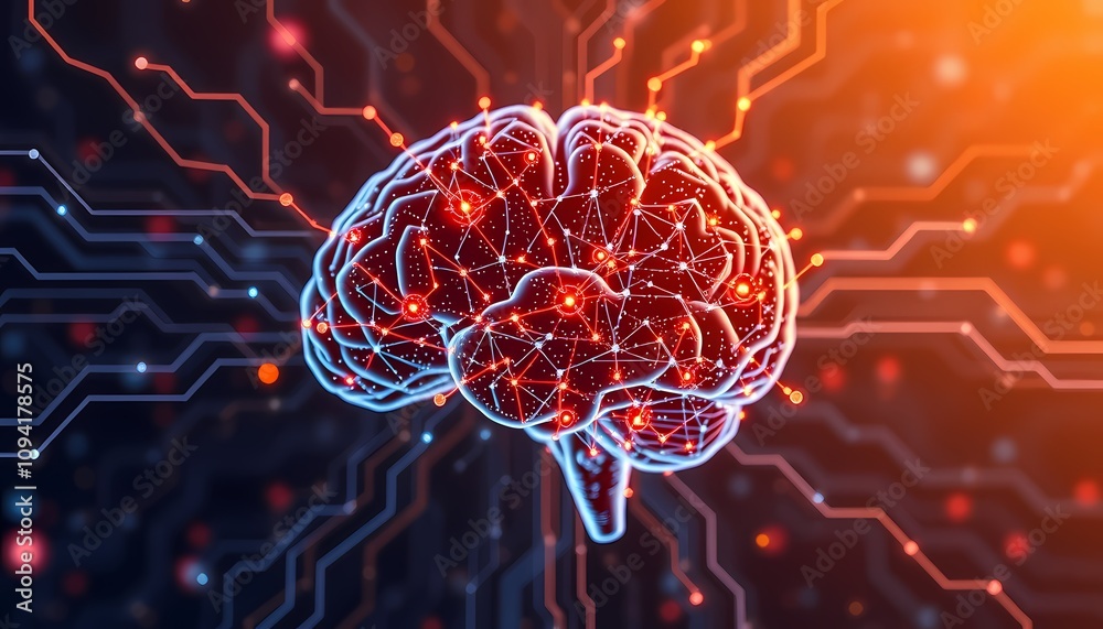 Poster abstract brain with glowing neurons, a visual representation of neural networks and connections.