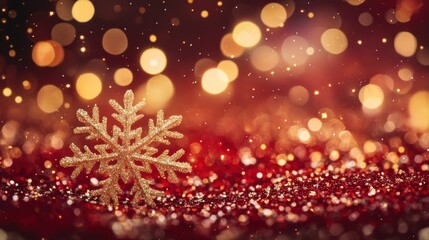 Close-up of golden snowflake on red background