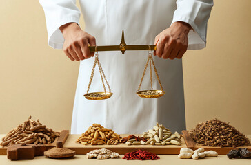 A traditional Chinese medicine doctor holds a pair of golden scales with various types of dried herbs on them