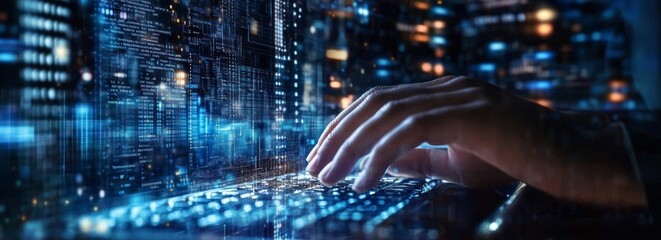 Futuristic Digital Technology Concept Hand Typing on Keyboard in Cityscape for Data Management Software Development