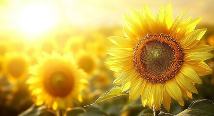 Obraz premium sunflowers bright yellow flowers in golden sunlight summer field