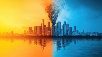 Obraz premium A striking image contrasting a vibrant, sunny cityscape with a smoky, polluted skyline, reflecting themes of environmental change and urban contrast.