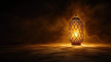 Fototapeta premium A glowing lantern sits on a dark background with smoke around it.