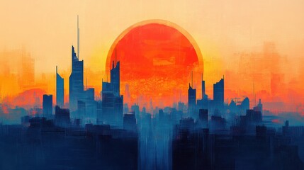 A vibrant sunset silhouette over a city skyline, showcasing a blend of warm and cool colors in an artistic, abstract style.