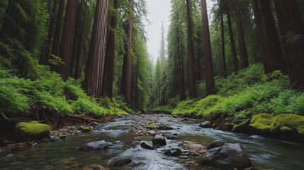 Nature Panorama of Redwoods River and Wildlife at Sunrise