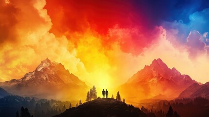 A breathtaking sunset view behind mountains, featuring vibrant colors and silhouettes of two figures on a hilltop.