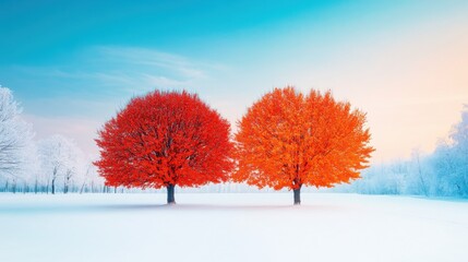 Two vibrant trees, one red and one orange, stand in a serene winter landscape, contrasting against the snowy ground and blue sky.