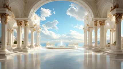 Obraz premium A grand white marble palace with gold accents opens to a view of a fountain and sky.
