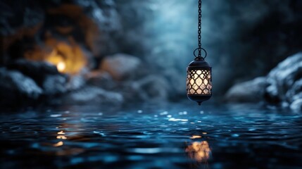 A hanging lantern illuminates the surface of a still body of water in front of a cave.