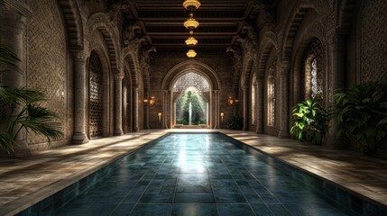 Obraz premium A grand, ornate hallway with a long pool leading to a large arched doorway, illuminating a lush garden beyond.
