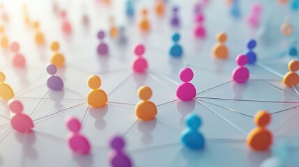 Colorful profile icons linked in a web-like network grid on clean white background