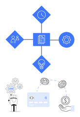 Diamond shapes containing clock, people, gear, lightbulb, and document icons connected by lines. Ideal for business, project management, collaboration, finance innovation process visualization