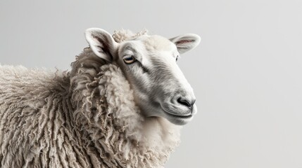 Fototapeta premium Fluffy Sheep Portrait Against a Neutral Background