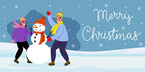 Friends are making a snowman. Winter vector illustration in flat style. Merry Christmas greetings.