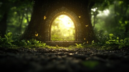 Fototapeta premium A magical stone archway in a lush forest, surrounded by butterflies and sunlight.