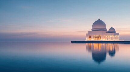 Obraz premium A majestic white mosque with twin domes sits on a small island in the middle of a calm sea with a peaceful sunrise in the background.