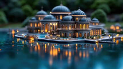 Obraz premium A miniature model of a luxurious mansion with multiple domes and a pool, illuminated at night, sits on a small island in a tranquil lake.