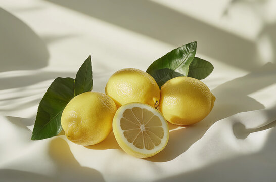 A few lemons with leaves on the white table, a close-up shot, soft lighting, and a light yellow background create an atmosphere of freshness and vitality