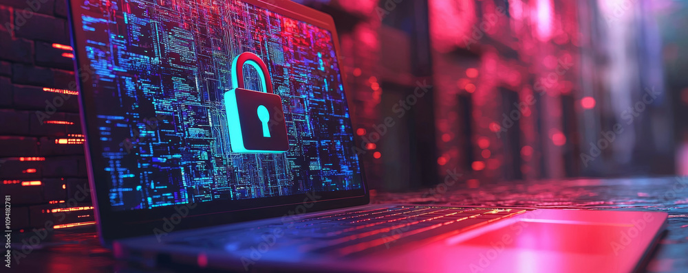 Wall mural laptop displaying lock symbol on digital background, representing cybersecurity and data protection.