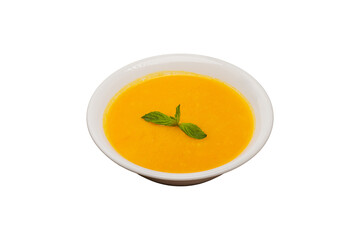 Zucchini Carrot Soup, typical of Turkish cuisine, served in a bowl isolated on a white background.