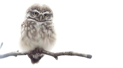 Naklejka premium A fluffy little owl sitting on a branch, isolated on a white background.