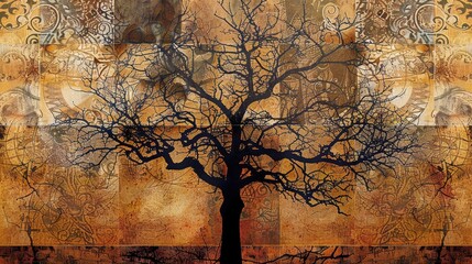 Abstract Tree Silhouette on Grunge Background.