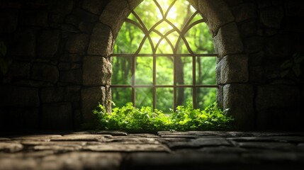 A stone window with stained glass, a view of lush greenery, and sunlight shining through.