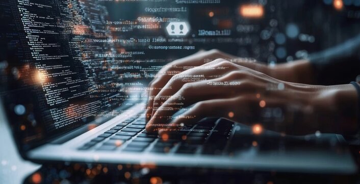 Hands Typing on Laptop with Code in Background Technology Software Development Programming and Innovation Concept