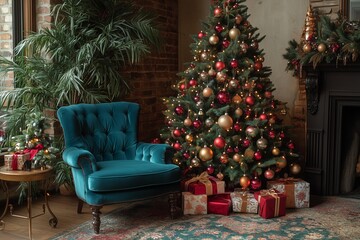 Christmas tree decorated with colourful ornaments stands in the corner of a cozy living room. reds, greens, gold, and pink accents 