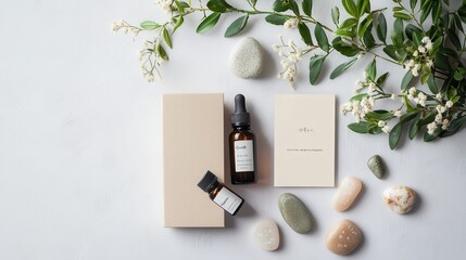 A flat lay featuring self-care essentials: essential oils, branded affirmation cards, and crafts like hand-painted stones with positive messages,