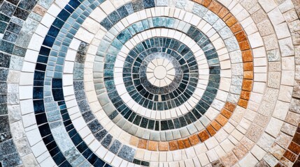 Naklejka premium A mosaic of variously colored tiles converging to form a harmonious circle, symbolizing the integration of diverse elements into a unified whole, minimalist composition