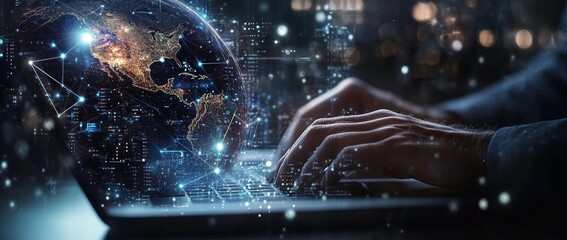 Man Typing on Laptop with 3D Globe and Network Nodes Showing Digital Technology and Internet Connection