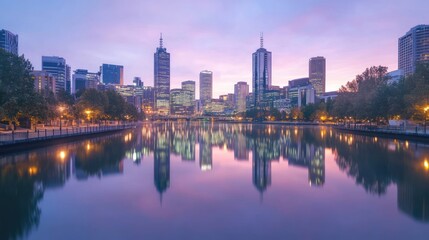 Fototapeta premium City skyline with illuminated buildings and reflections in the water during twilight.