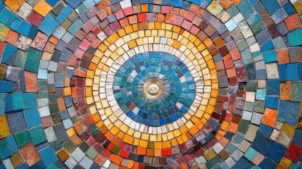 Fototapeta premium A mosaic of variously colored tiles converging to form a harmonious circle, symbolizing the integration of diverse elements into a unified whole, minimalist composition