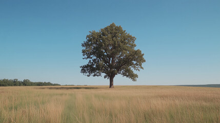 Fototapeta premium Majestic Oak Tree in Field Under Clear Blue Sky