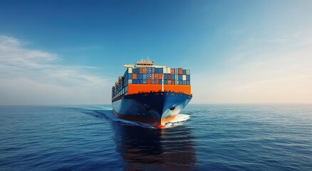 A large container ship is sailing on the sea, carrying containers stacked high with cargo and a blue sky in the background.