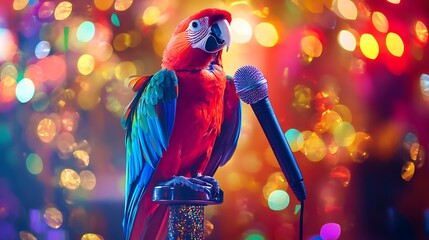 A vibrant parrot stands beside a microphone, set against a colorful bokeh background, creating a lively and festive atmosphere.