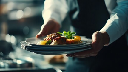 A waiter serves a plate of gourmet food in a restaurant setting.