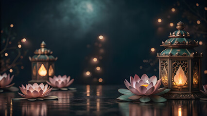 Teal Background with Lotus Flowers and Lanterns. Perfect for: Mid-Autumn Festival, Lantern Festival