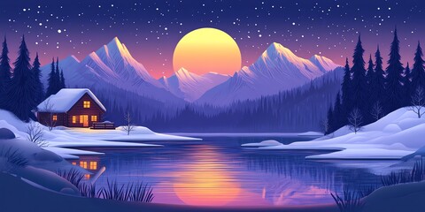 Fototapeta premium Serene winter cabin by a tranquil lake at sunset, nestled in snowy mountains under a starry night sky.