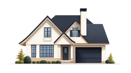 A modern suburban house with white walls, black roof and garage door, and a brown door and trim.