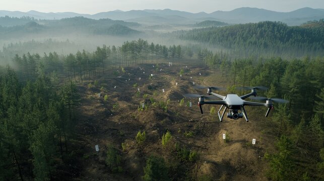An AI-powered drone monitoring a deforested area, with branded banners about reforestation efforts and crafts like eco-friendly plant markers in the scene